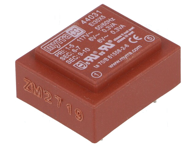 Transformator: ingegoten; 0,6VA; 117VAC; 6V; 6V; 50mA; 50mA; PCB Transformator: ingegoten; 0,6VA; 117VAC; 6V; 6V; 50mA; 50mA; PCB